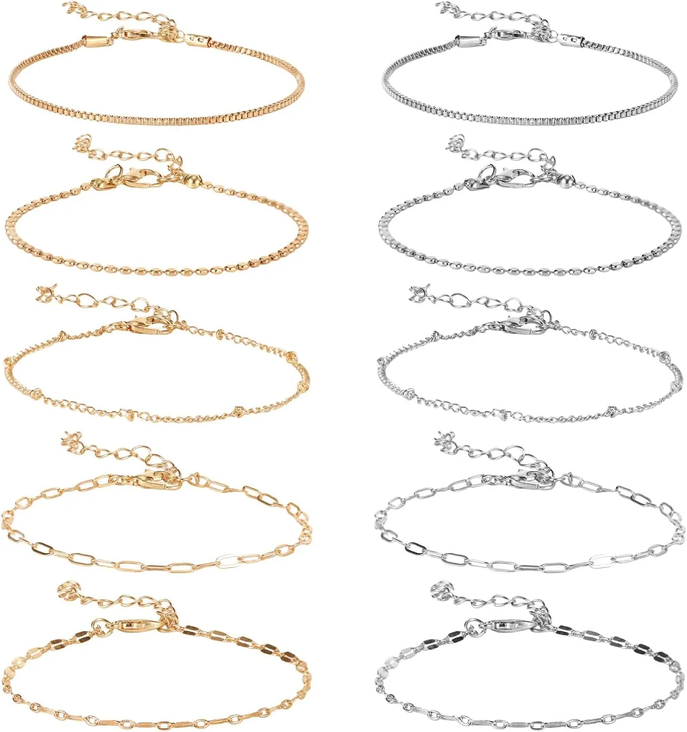 10Pcs Gold Bracelets for Women, Silver Gold Jewelry Plated Bracelets for Women, Adjustable Dainty Gold Charm Bracelet Stack Set for Women Non Tarnish, Slim Delicate Cute Trendy Fashion Accessories for Parties