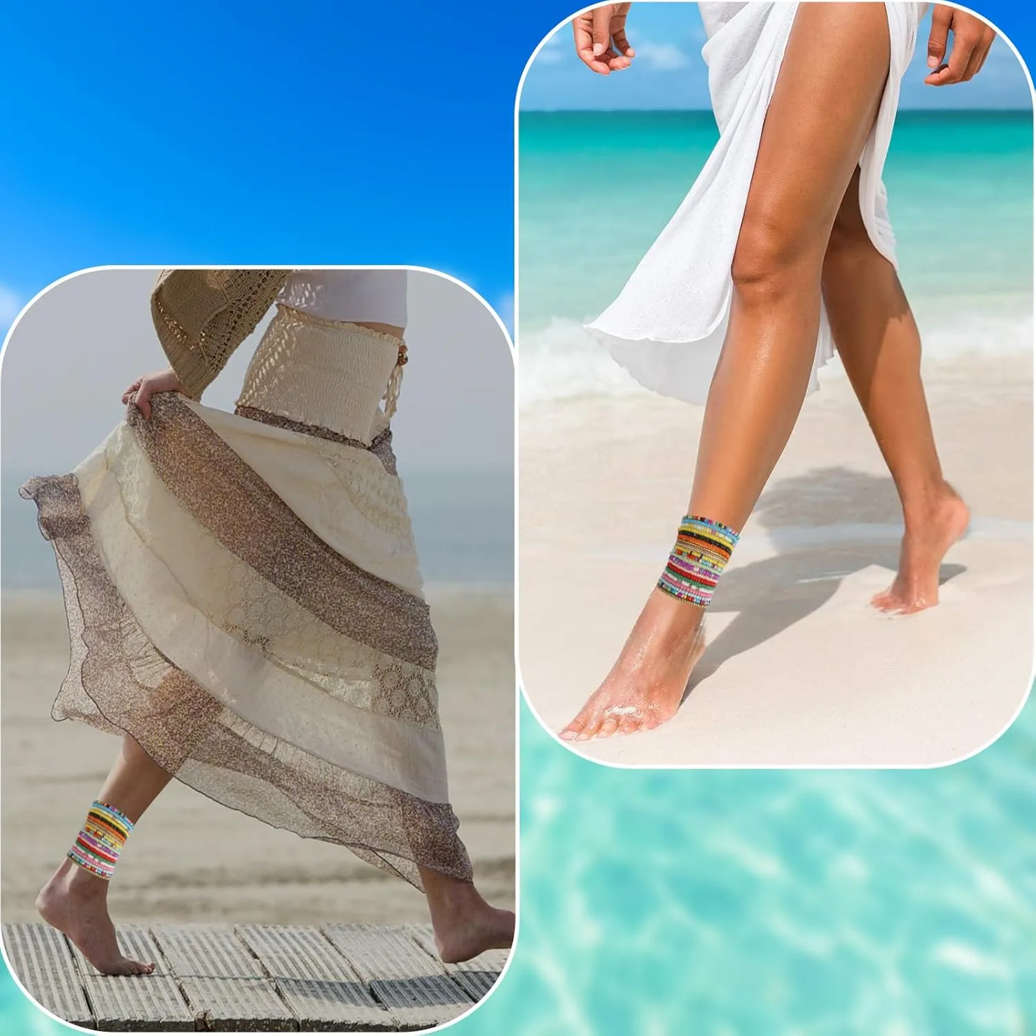 12/20Pcs Boho Elastic Stackable Beaded Ankle Bracelets for Women Summer Bohemian Colorful Style Multilayer Handmade Beaded Foot Anklets Chain Beach Jewelry Set