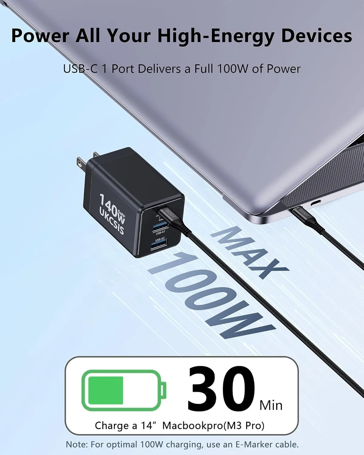 140W USB C Charger Block - UKCSIS 3-Port GaN Fast Chargers 2 Pack, Foldable USB C Wall Charger, Compact 100W Laptop Adapter, for MacBook Pro/Air, iPad Pro, Galaxy, iPhone Series, Black