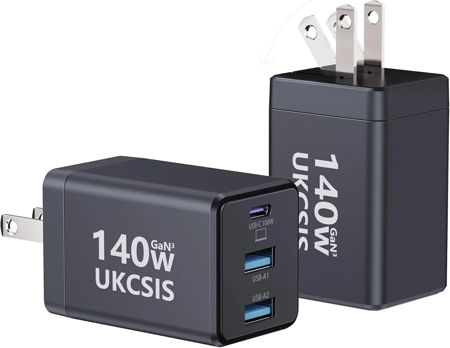 140W USB C Charger Block - UKCSIS 3-Port GaN Fast Chargers 2 Pack, Foldable USB C Wall Charger, Compact 100W Laptop Adapter, for MacBook Pro/Air, iPad Pro, Galaxy, iPhone Series, Black