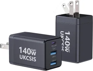 140W USB C Charger Block - UKCSIS 3-Port GaN Fast Chargers 2 Pack, Foldable USB C Wall Charger, Compact 100W Laptop Adapter, for MacBook Pro/Air, iPad Pro, Galaxy, iPhone Series, Black