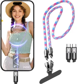 2 in 1 USB-C Phone Lanyard Cable, 240W Fast Charging & Data Transfer Strap, Crossbody Type-C Cord for Samsung Galaxy S25 S24 S23, Xiaomi, iPhone 16 15 Series and Other USB-C DevicesPink Blue