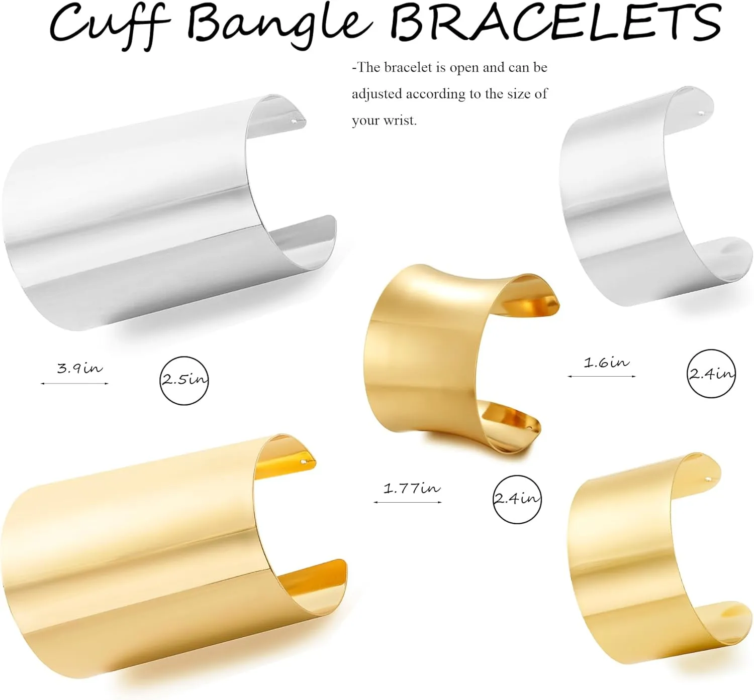 2 Pcs Cuff Bangle Bracelet for Women Men Wide Open Cuff Bracelets Sliver Gold Adjustable Wrist Cuff Wrap Bracelets