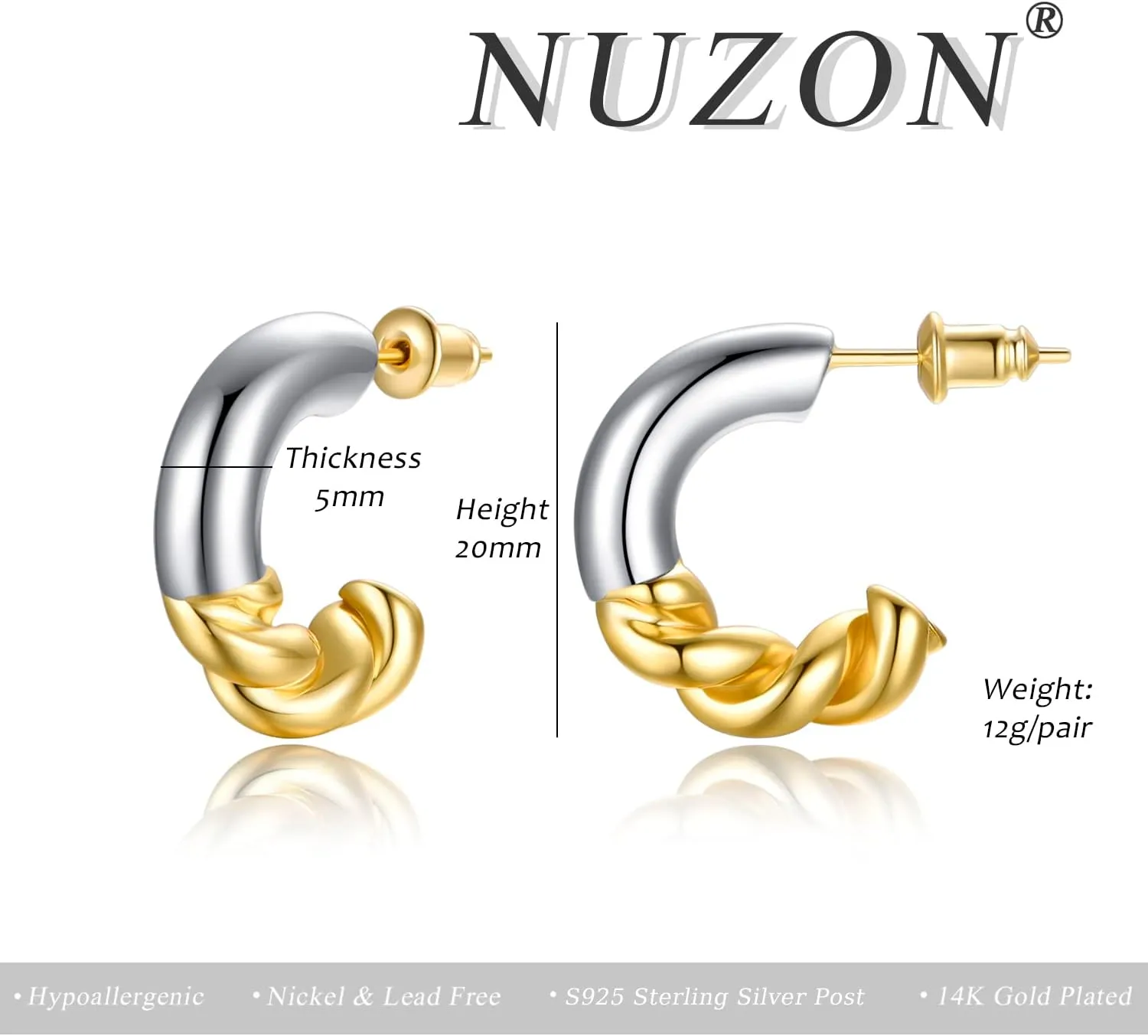 2-Tone Open Hoop Earrings for Women 18K Gold Plated Twisted/Watch Band/C-shaped/Flower Hoops Lightweight Hypoallergenic Jewelry