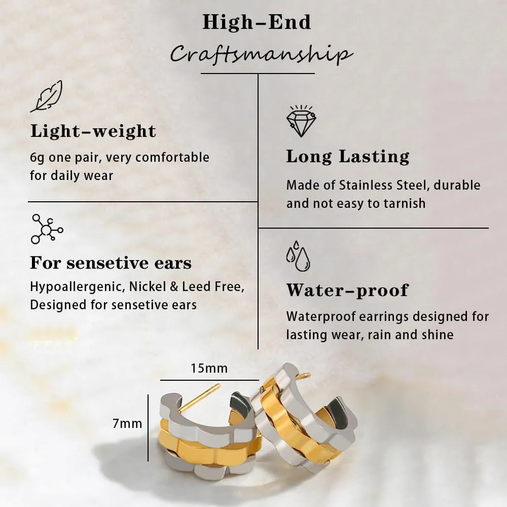 2-Tone Open Hoop Earrings for Women 18K Gold Plated Twisted/Watch Band/C-shaped/Flower Hoops Lightweight Hypoallergenic Jewelry