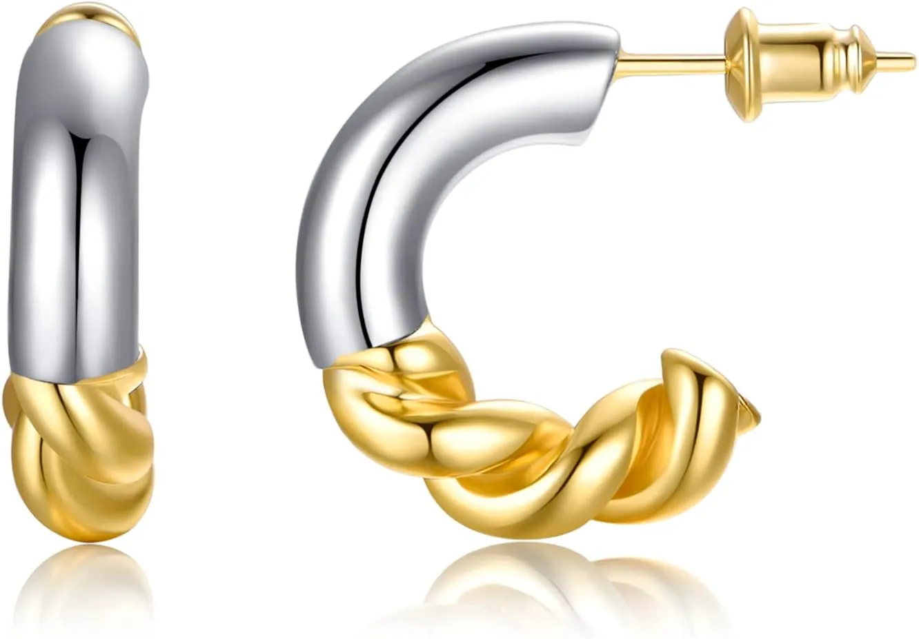 2-Tone Open Hoop Earrings for Women 18K Gold Plated Twisted/Watch Band/C-shaped/Flower Hoops Lightweight Hypoallergenic Jewelry