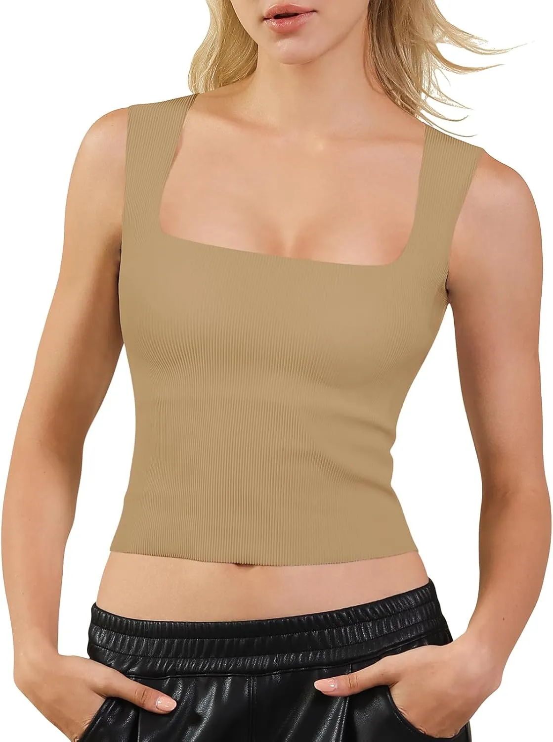 2025 Summer Womens Workout Crop Tank Tops with Built in Bras Trendy Square Neck Tanktops for Yoga Gym