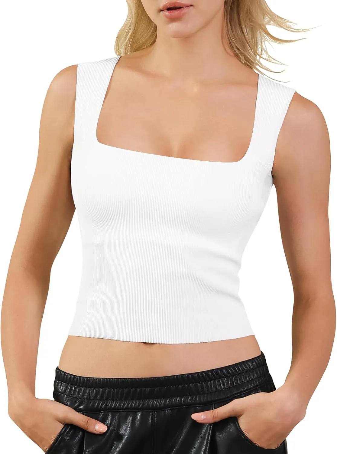 2025 Summer Womens Workout Crop Tank Tops with Built in Bras Trendy Square Neck Tanktops for Yoga Gym