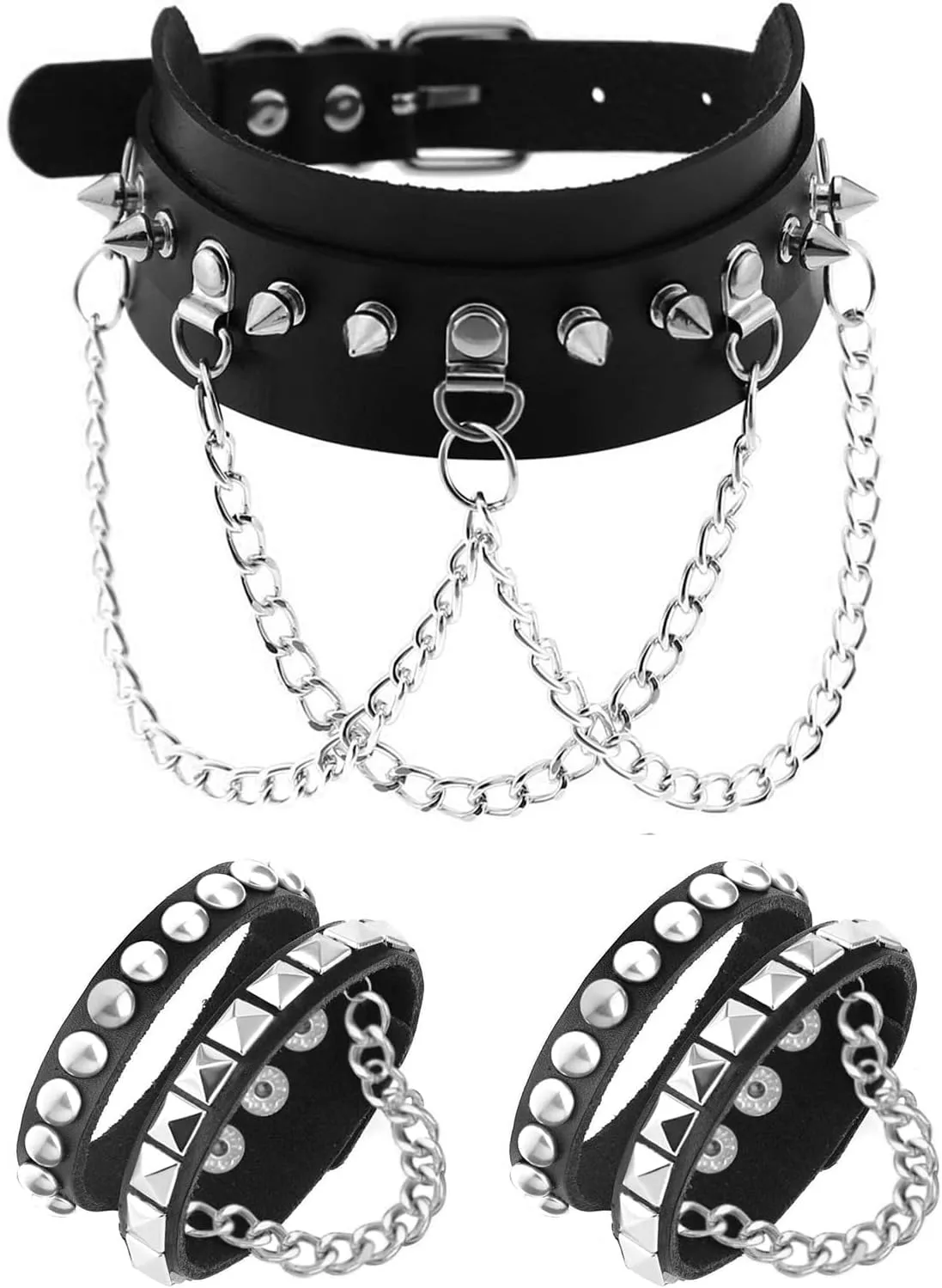 3 Pcs Women's Chain Leather Choker Studded Bracelet Cuffs Set Cool Punk Goth Collar Wristband Accessories for Rocker Biker