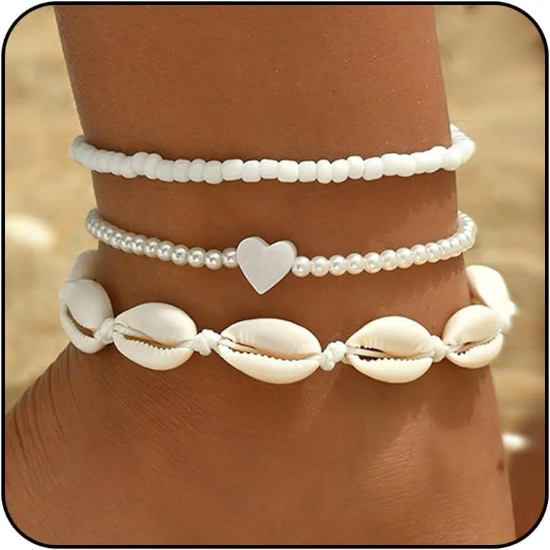 3PCS Boho Anklets for Women Summer Beach Women's Ankle Bracelets Beaded Anklet Bracelet Waterproof Beach Anklets Shell Starfish Anklet Foot Chain Jewelry for Women