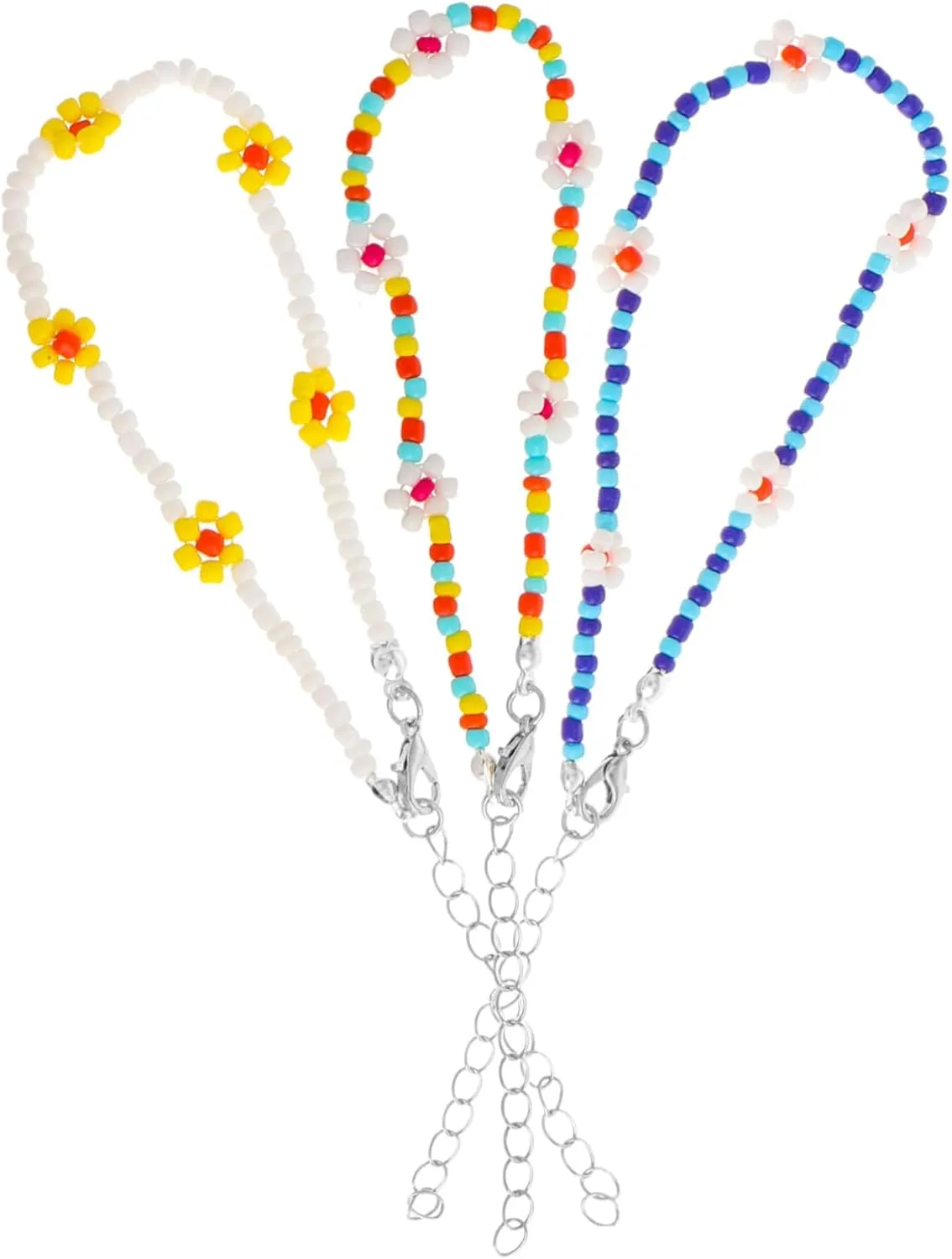 3Pcs Boho Daisy Flower Anklets Colorful Beaded Foot Jewelry for Women Handmade Summer Beach Accessories Unique Handwoven Design with Tropical Vibe