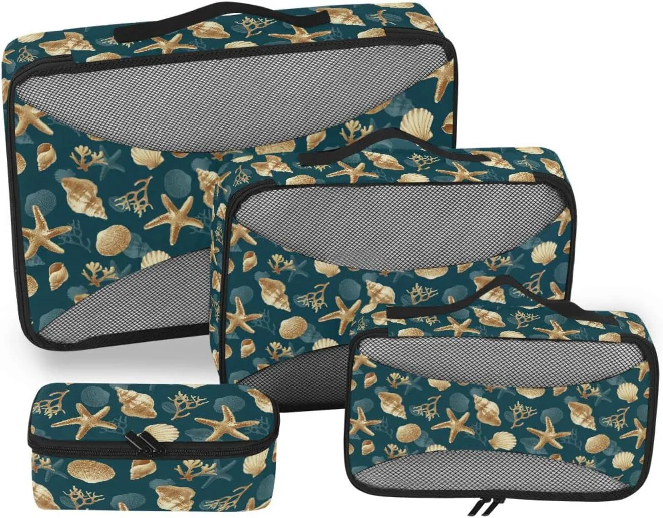 4 Pcs Travel Packing Cubes for Suitcases Golden Seashells Travel Packing Cubes Visible Luggage Cubes Organizers Suitcase Organizer Bags Set