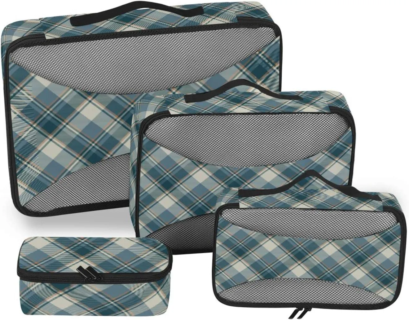 4 Pcs Travel Packing Cubes for Suitcases Gray Blue Check Plaid Travel Packing Cubes Visible Luggage Cubes Organizers Suitcase Organizer Bags Set