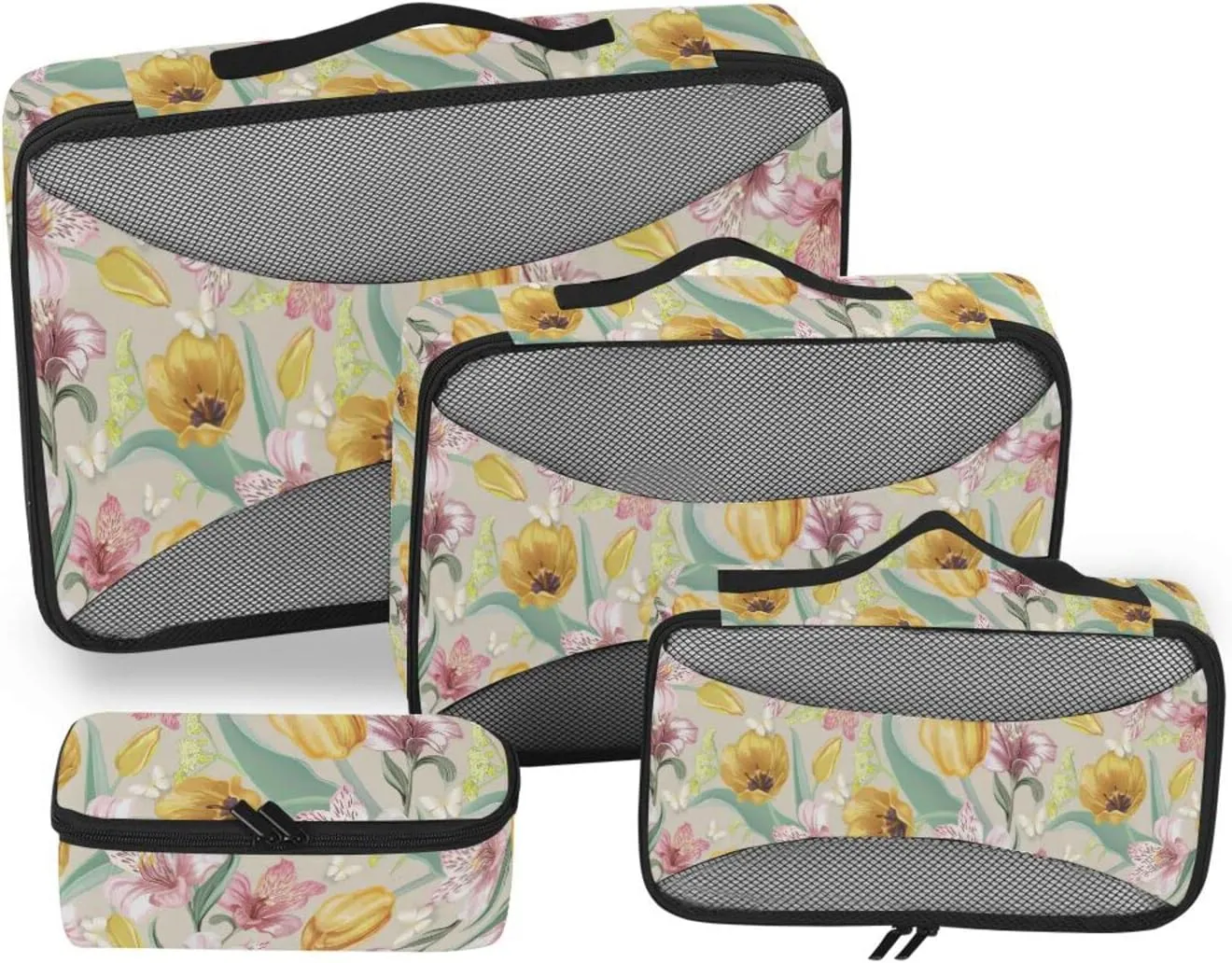 4 Pcs Travel Packing Cubes for Suitcases Yellow Pink Flowers Travel Packing Cubes Visible Luggage Cubes Organizers Suitcase Organizer Bags Set
