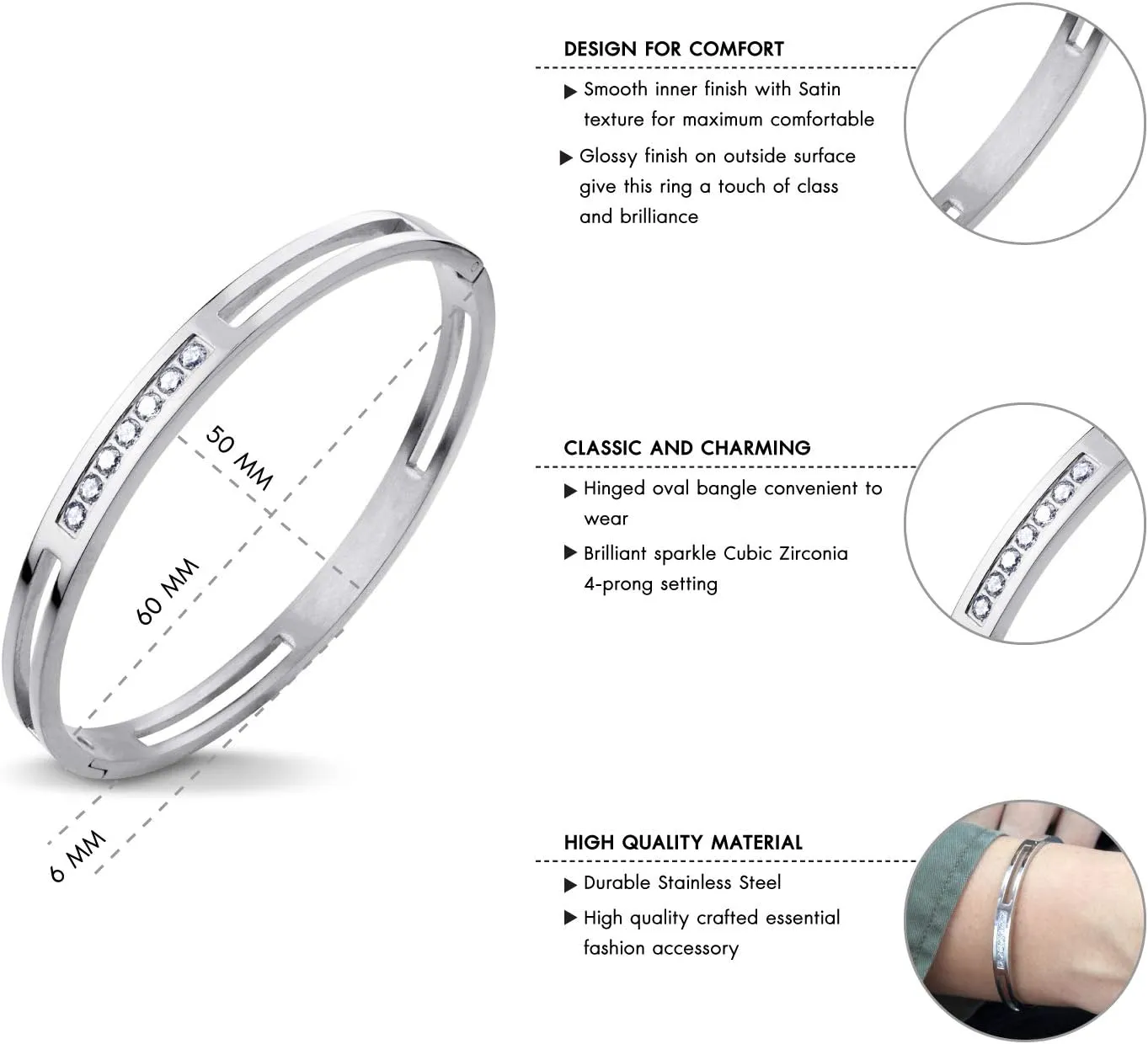 555Jewelry Womens Stainless Steel Fashion CZ Studded Cuff Bangle Bracelet