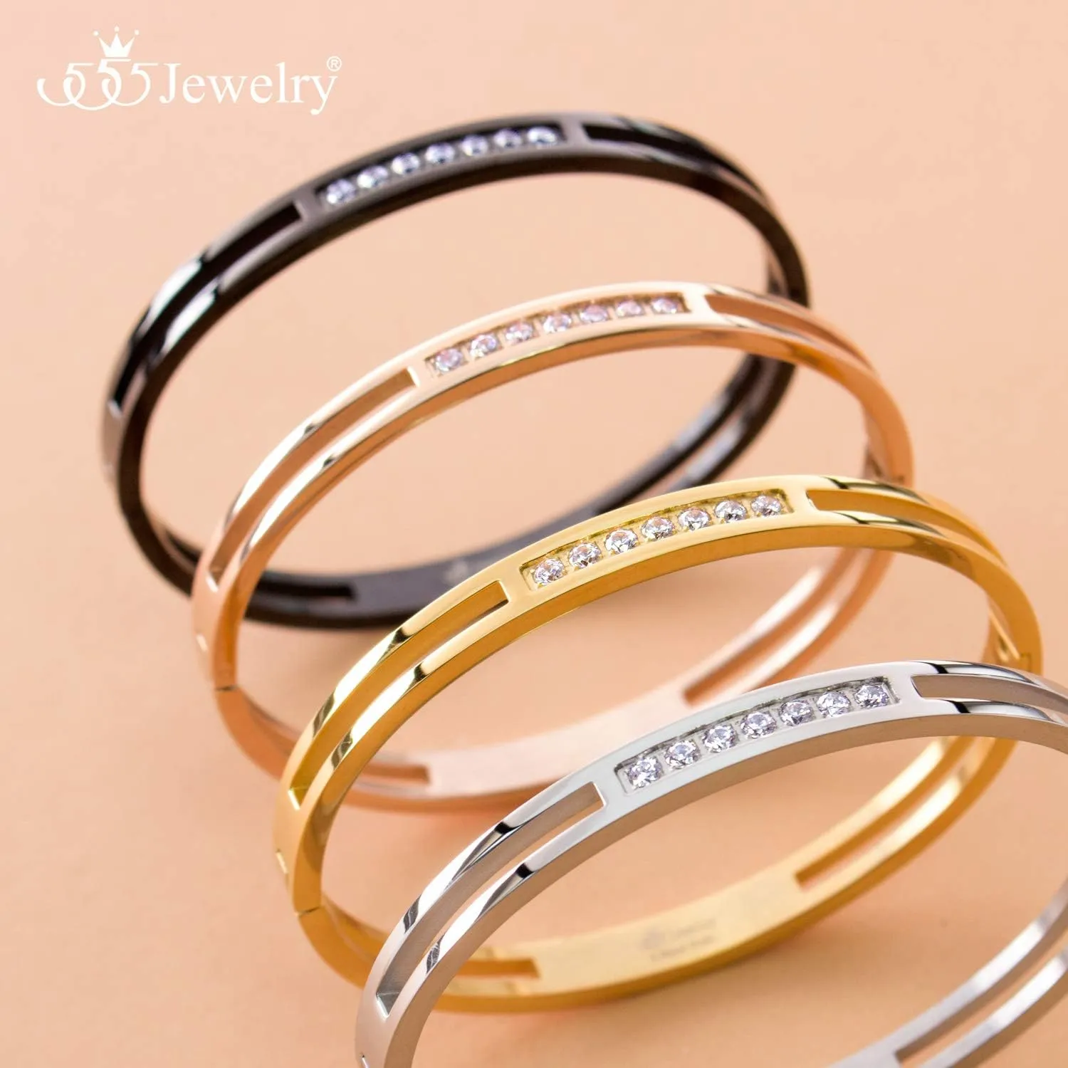 555Jewelry Womens Stainless Steel Fashion CZ Studded Cuff Bangle Bracelet