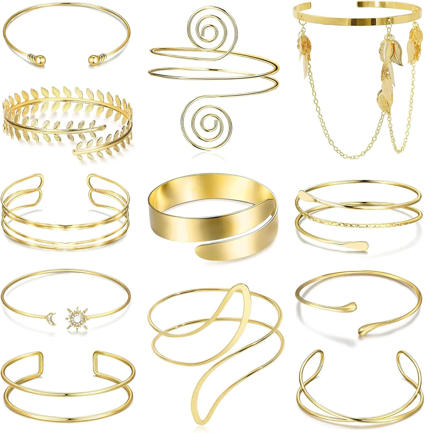 6-12 Pcs Arm Cuff Bracelets for Women Gold UpperCuff Cuff Bangle Bracelet Open Adjustable Gold Arm Bracelet Set