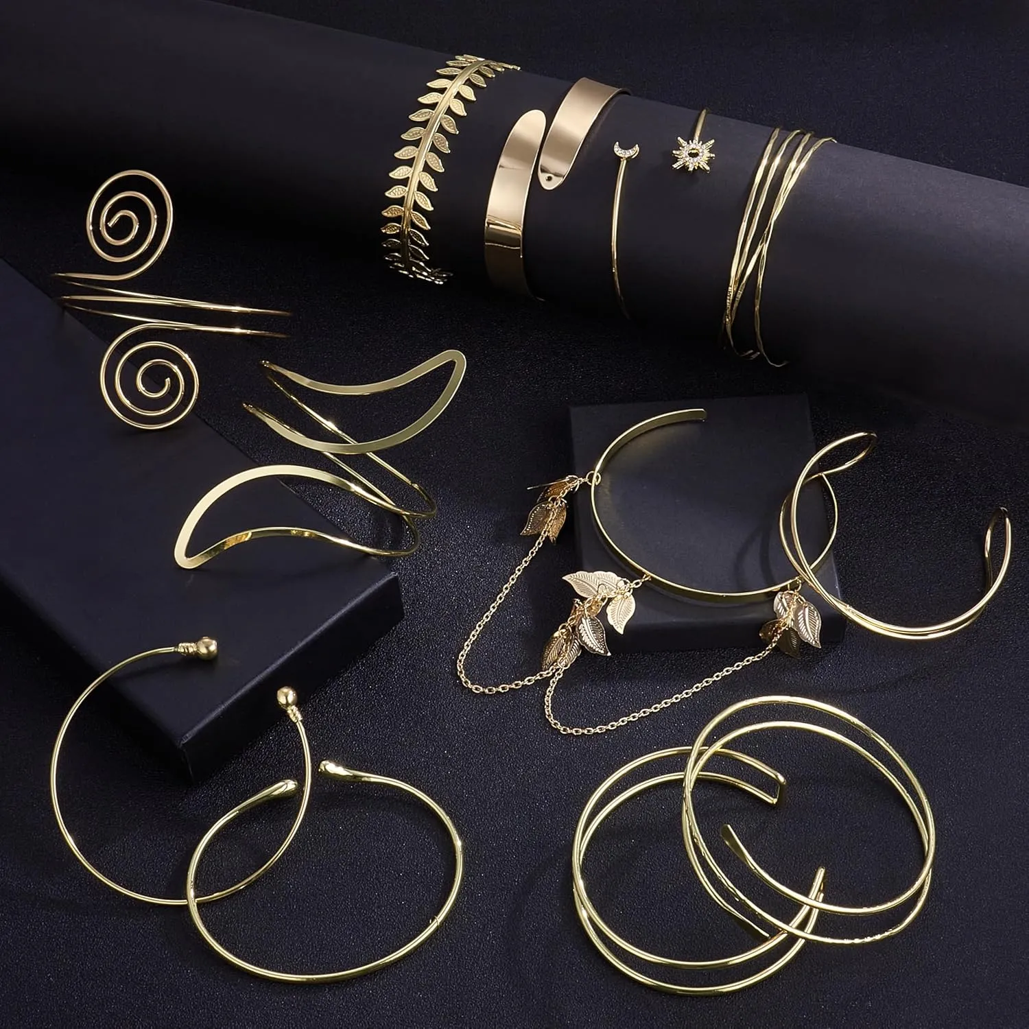 6-12 Pcs Arm Cuff Bracelets for Women Gold UpperCuff Cuff Bangle Bracelet Open Adjustable Gold Arm Bracelet Set