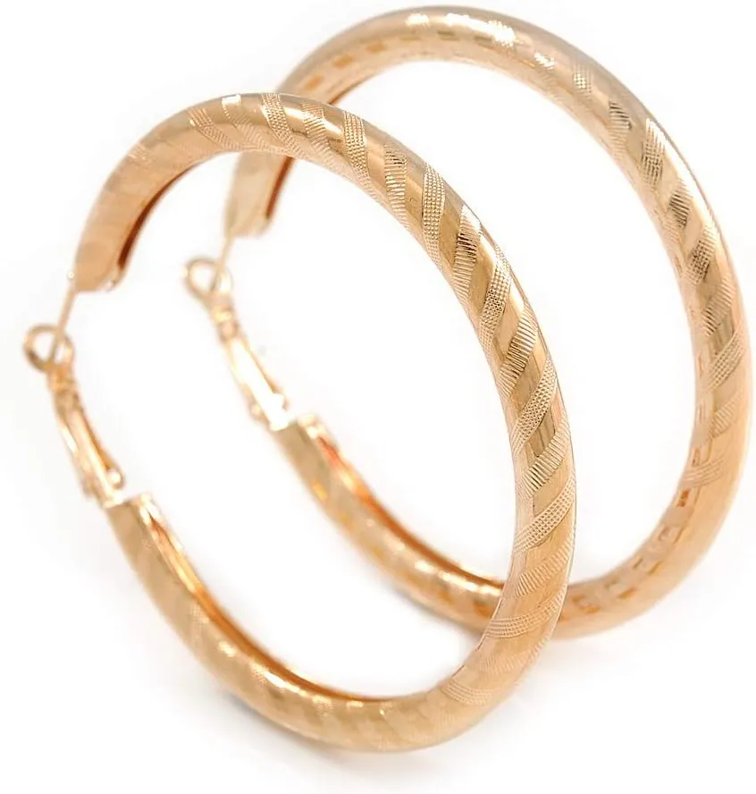 60mm Large Thick Etched Hoop Earrings In Gold Tone