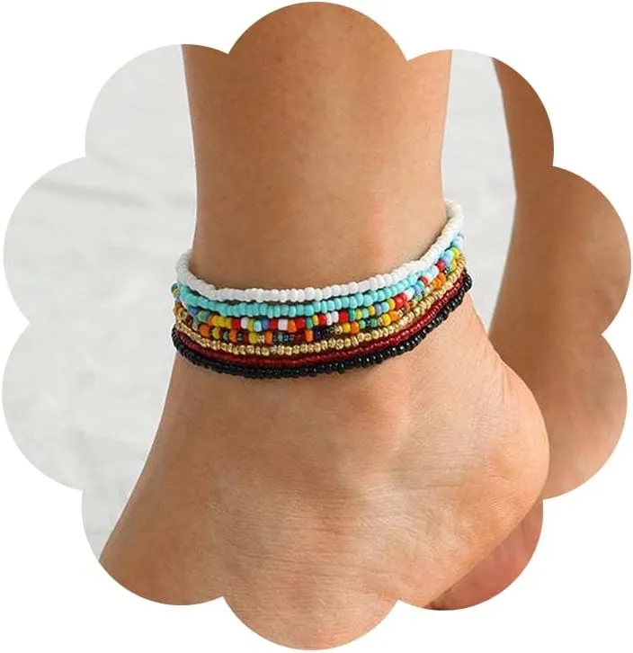 7Pcs Bohemian Beach Anklets Colorful Beads Ankle Bracelets Handmade Beaded Anklet Waterproof Hippie Jewelry for Women