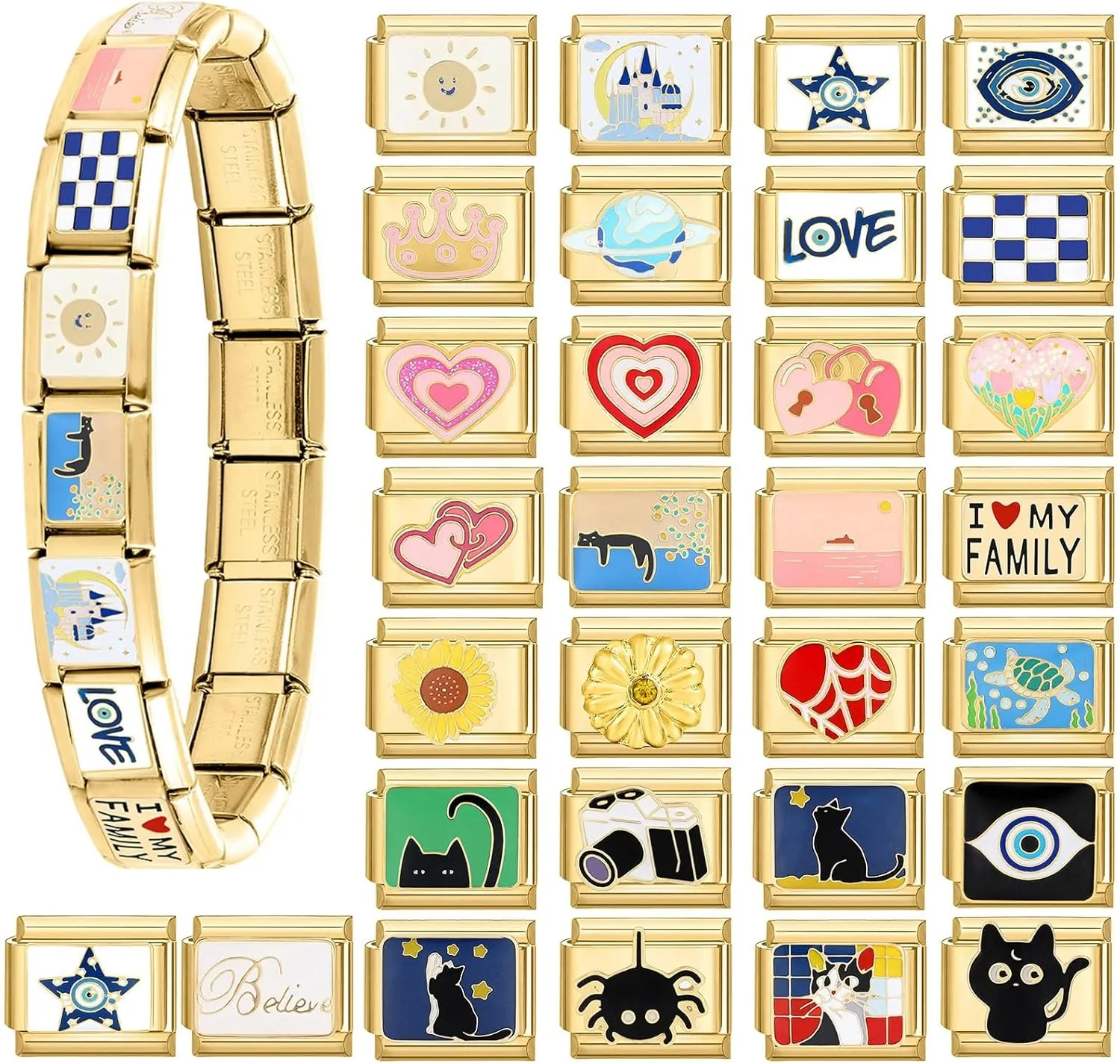 9mm Italian Charms, Gold Italian Charm Bracelet Link for Women, Handmade Bracelet DIY Module Italian Charm Necklaces Anklet Jewelry Gifts