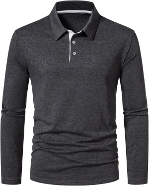 A WATERWANG Men's Long Sleeve Polo Shirts, Slim-fit Cotton Golf Polo Shirts Basic Designed