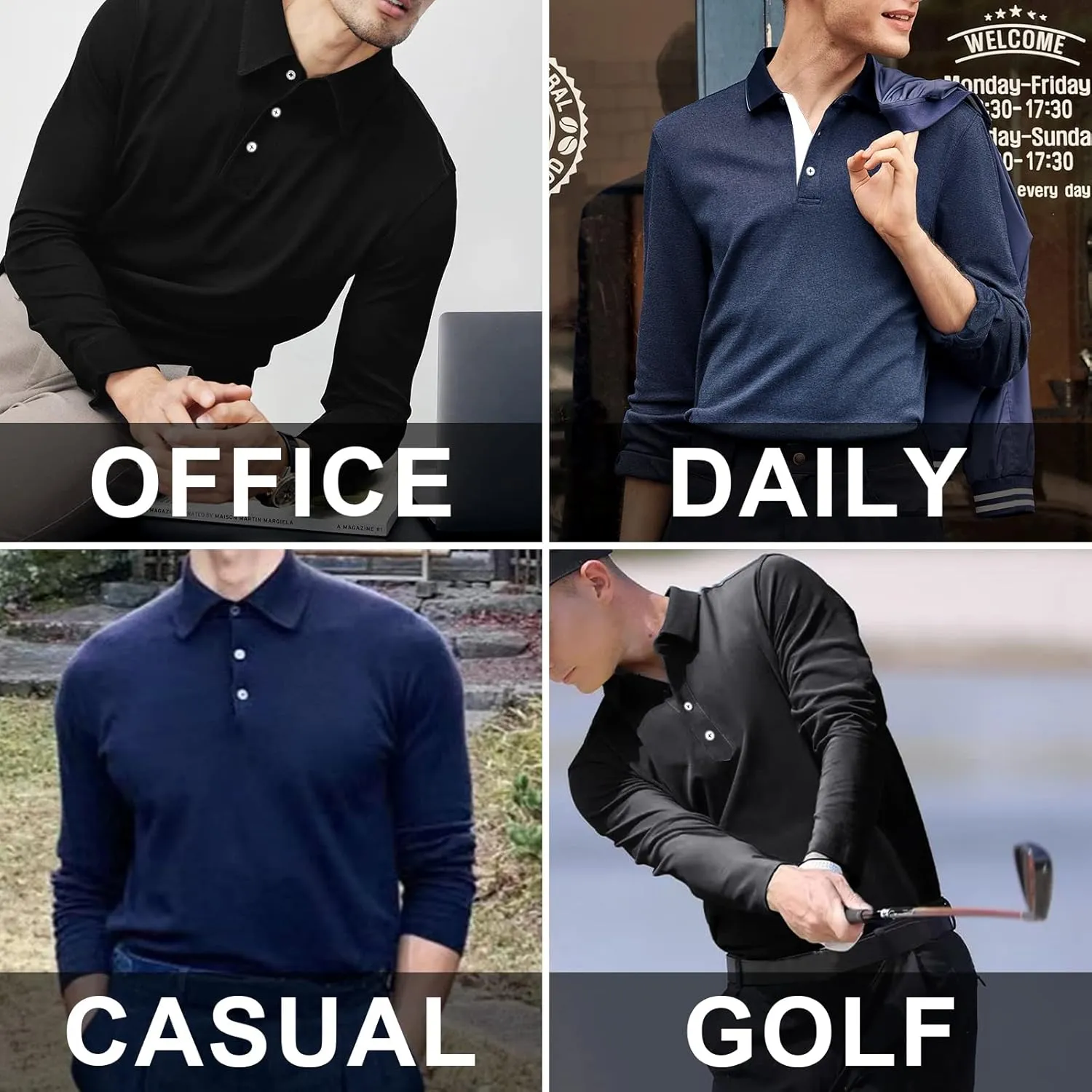 A WATERWANG Men's Long Sleeve Polo Shirts, Slim-fit Cotton Golf Polo Shirts Basic Designed