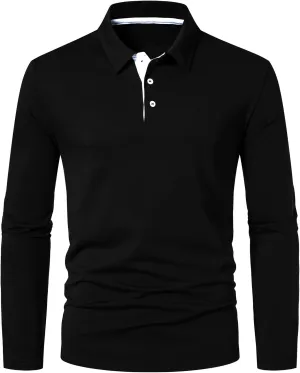 A WATERWANG Men's Long Sleeve Polo Shirts, Slim-fit Cotton Golf Polo Shirts Basic Designed