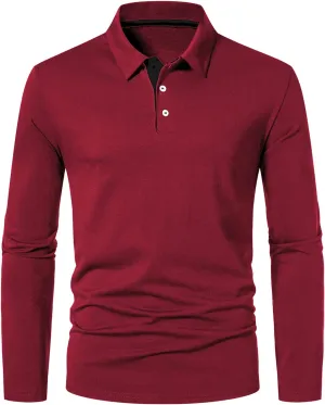 A WATERWANG Men's Long Sleeve Polo Shirts, Slim-fit Cotton Golf Polo Shirts Basic Designed