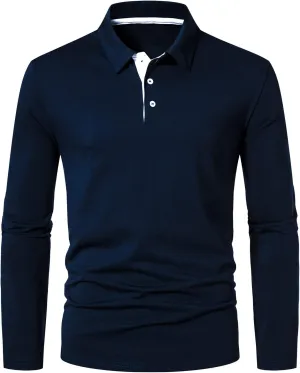 A WATERWANG Men's Long Sleeve Polo Shirts, Slim-fit Cotton Golf Polo Shirts Basic Designed