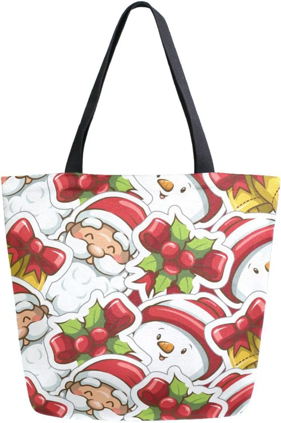 ALAZA Christmas Santa and Snowman Canvas Tote Bag for Women Casual Shoulder Bag Handbag,Shopping Grocery Cotton Bag Reusable,Multipurpose,Heavy Duty for Outdoors Weekender Travel