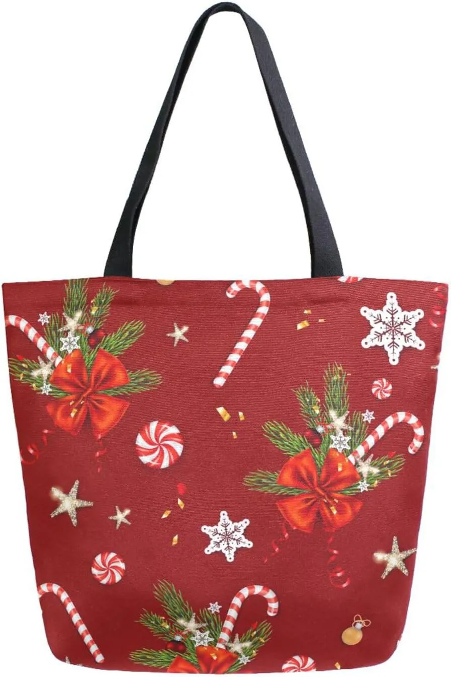 ALAZA Winter Christmas Holiday Canvas Tote Bag for Women Casual Shoulder Bag Handbag,Shopping Grocery Cotton Bag Reusable,Multipurpose,Heavy Duty for Outdoors Weekender Travel