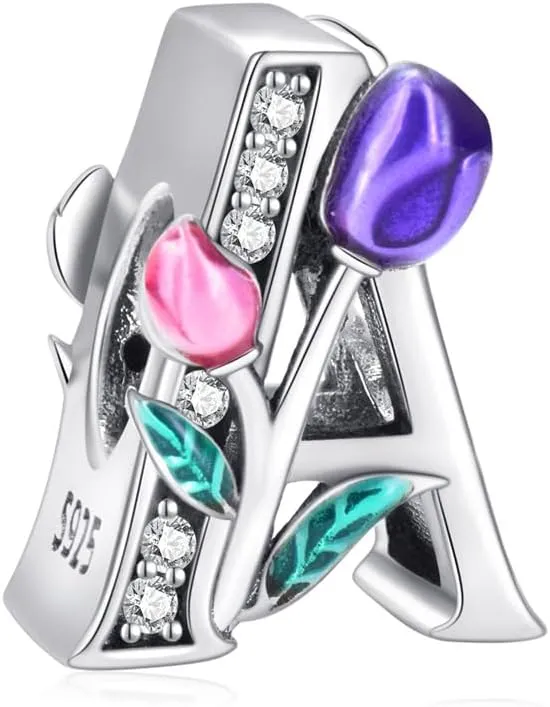Alphabet A-Z Bracelet Beads, 925 Sterling Silver Pink and Purple Tulip Alphabet Beads Enamel, Small and Delicate Decorative Bracelet Accessories