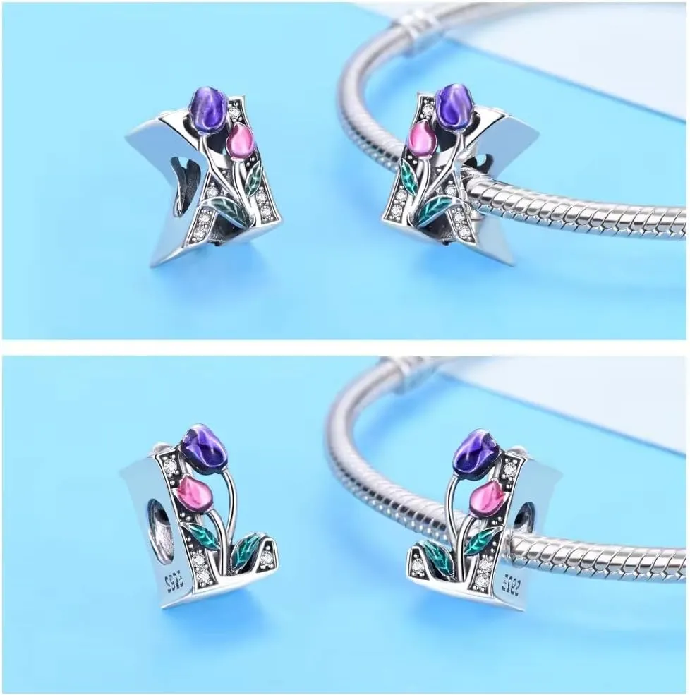 Alphabet A-Z Bracelet Beads, 925 Sterling Silver Pink and Purple Tulip Alphabet Beads Enamel, Small and Delicate Decorative Bracelet Accessories