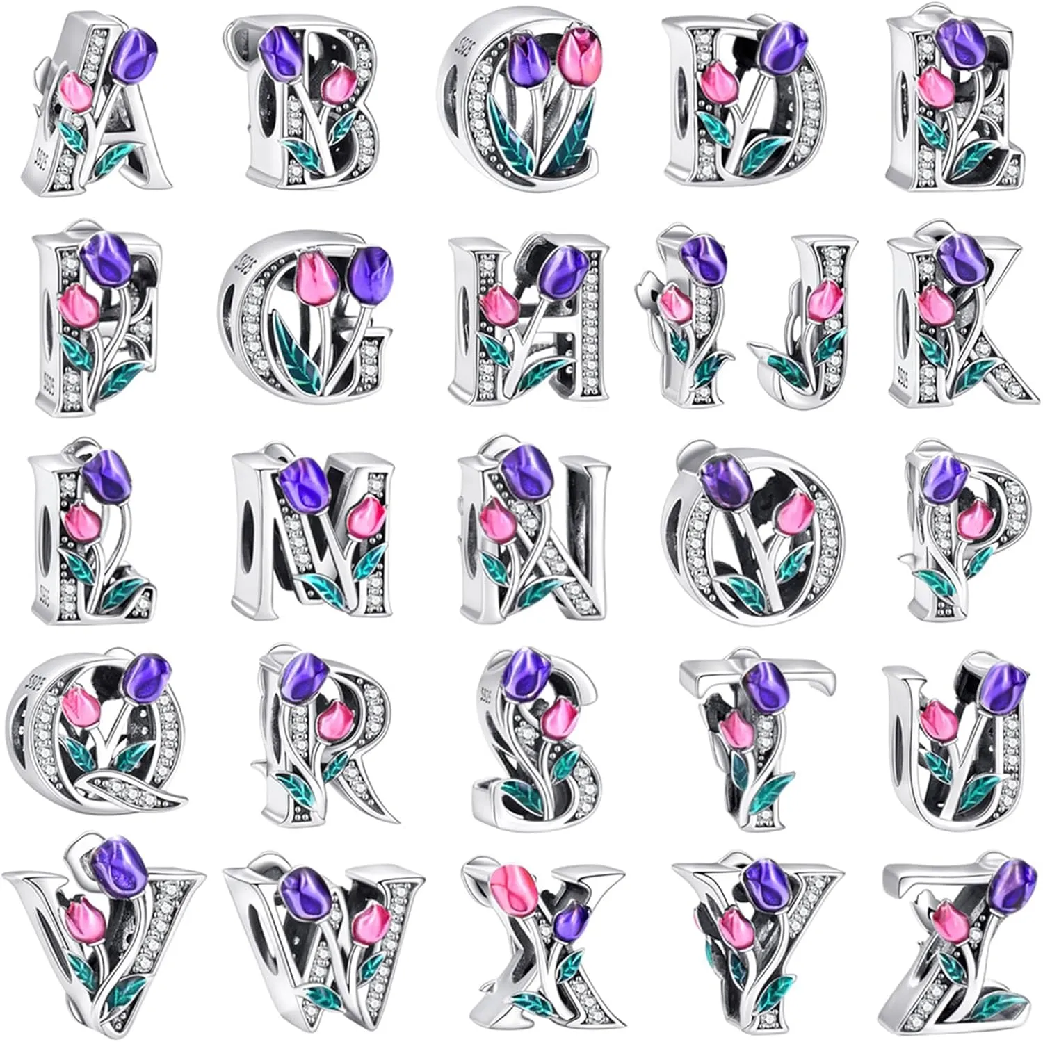 Alphabet A-Z Bracelet Beads, 925 Sterling Silver Pink and Purple Tulip Alphabet Beads Enamel, Small and Delicate Decorative Bracelet Accessories