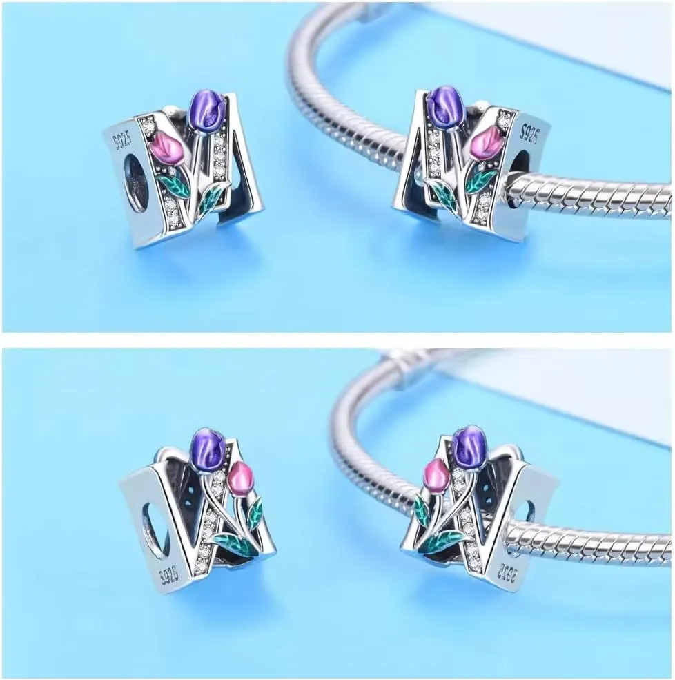 Alphabet A-Z Bracelet Beads, 925 Sterling Silver Pink and Purple Tulip Alphabet Beads Enamel, Small and Delicate Decorative Bracelet Accessories