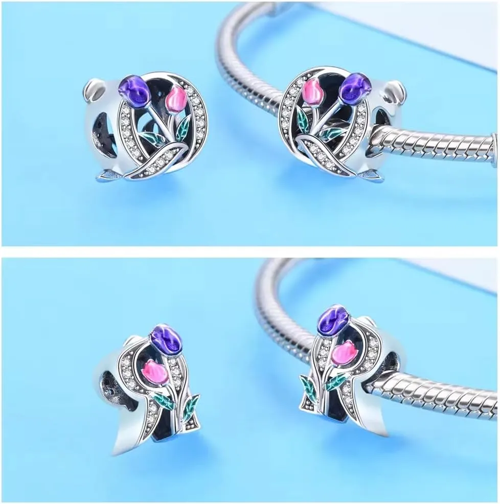 Alphabet A-Z Bracelet Beads, 925 Sterling Silver Pink and Purple Tulip Alphabet Beads Enamel, Small and Delicate Decorative Bracelet Accessories