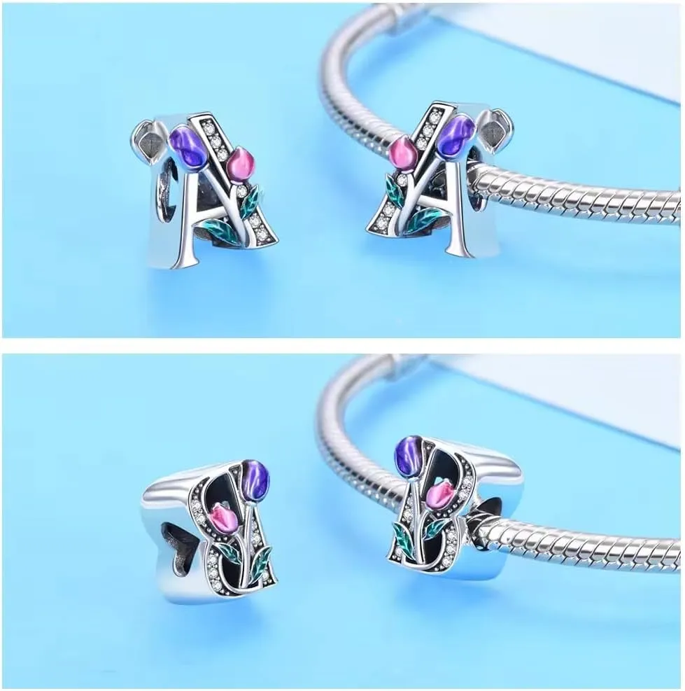 Alphabet A-Z Bracelet Beads, 925 Sterling Silver Pink and Purple Tulip Alphabet Beads Enamel, Small and Delicate Decorative Bracelet Accessories