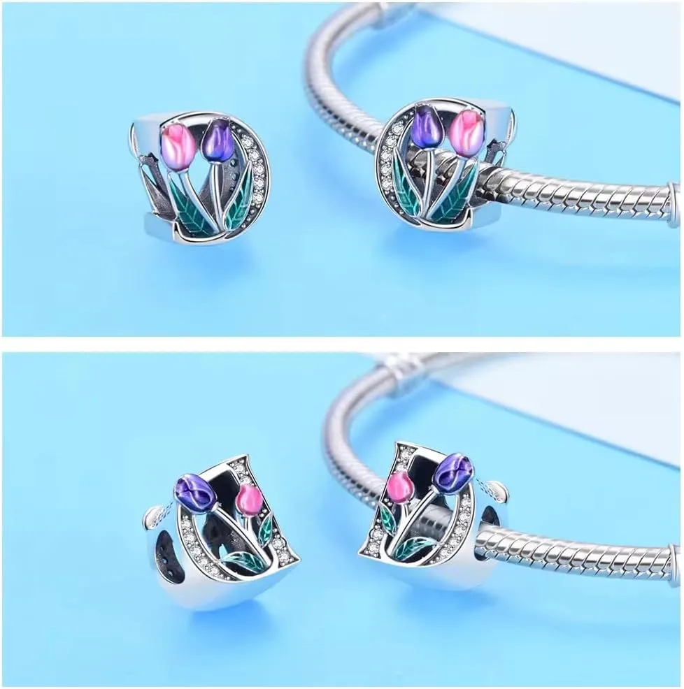 Alphabet A-Z Bracelet Beads, 925 Sterling Silver Pink and Purple Tulip Alphabet Beads Enamel, Small and Delicate Decorative Bracelet Accessories