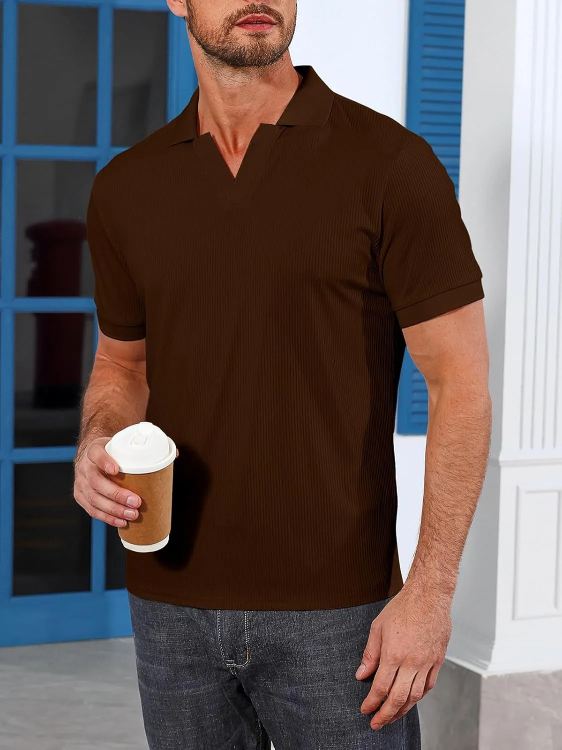 Angbater Men's Polo Shirts V Neck Fashion Casual Short Sleeve Textured Collared Golf T-Shirts
