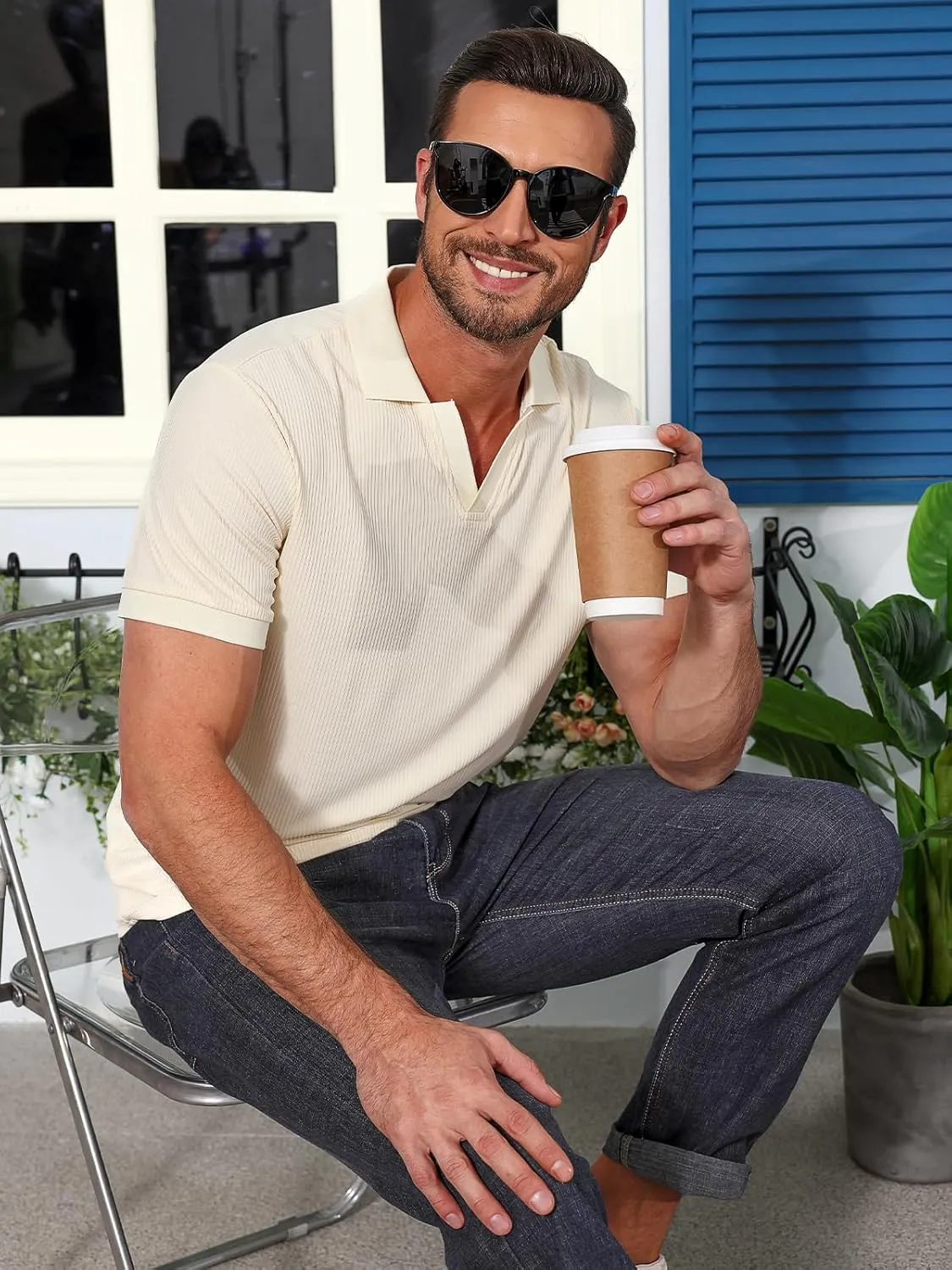 Angbater Men's Polo Shirts V Neck Fashion Casual Short Sleeve Textured Collared Golf T-Shirts