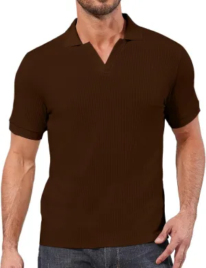 Angbater Men's Polo Shirts V Neck Fashion Casual Short Sleeve Textured Collared Golf T-Shirts