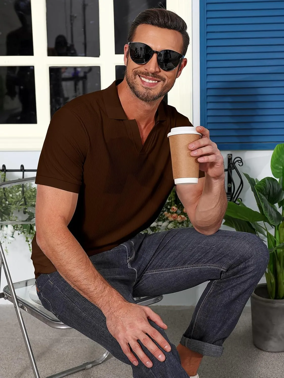 Angbater Men's Polo Shirts V Neck Fashion Casual Short Sleeve Textured Collared Golf T-Shirts
