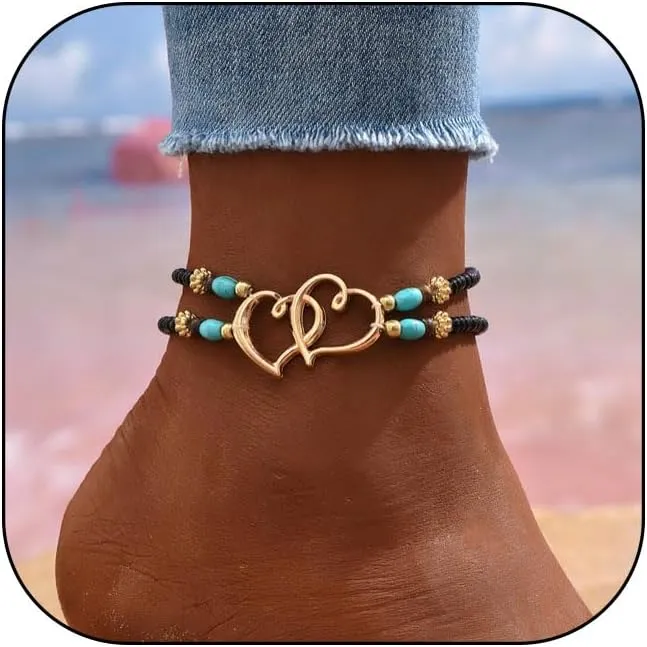 Ankle Bracelets for Women Waterproof Heart Beaded Anklet Layered Elastic Beaded Anklet Boho Beach Stretchy Anklets Foot Jewelry for Beach Accessories for Summer