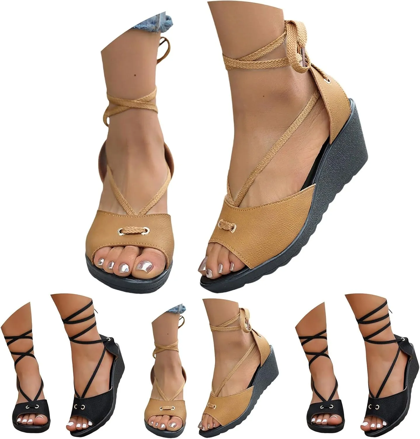 Ankle Strappy Sandals for Women Summer Dressy Slip On Wedge Sandals Comfortable Open Toe Beach Shoes Prom Party Wedding Performance Dress Shoes