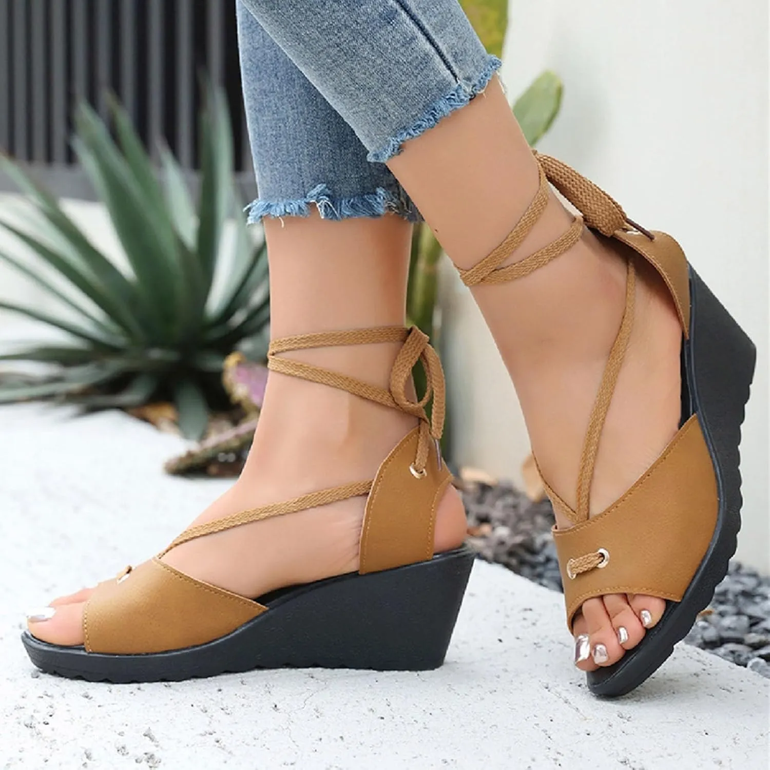 Ankle Strappy Sandals for Women Summer Dressy Slip On Wedge Sandals Comfortable Open Toe Beach Shoes Prom Party Wedding Performance Dress Shoes