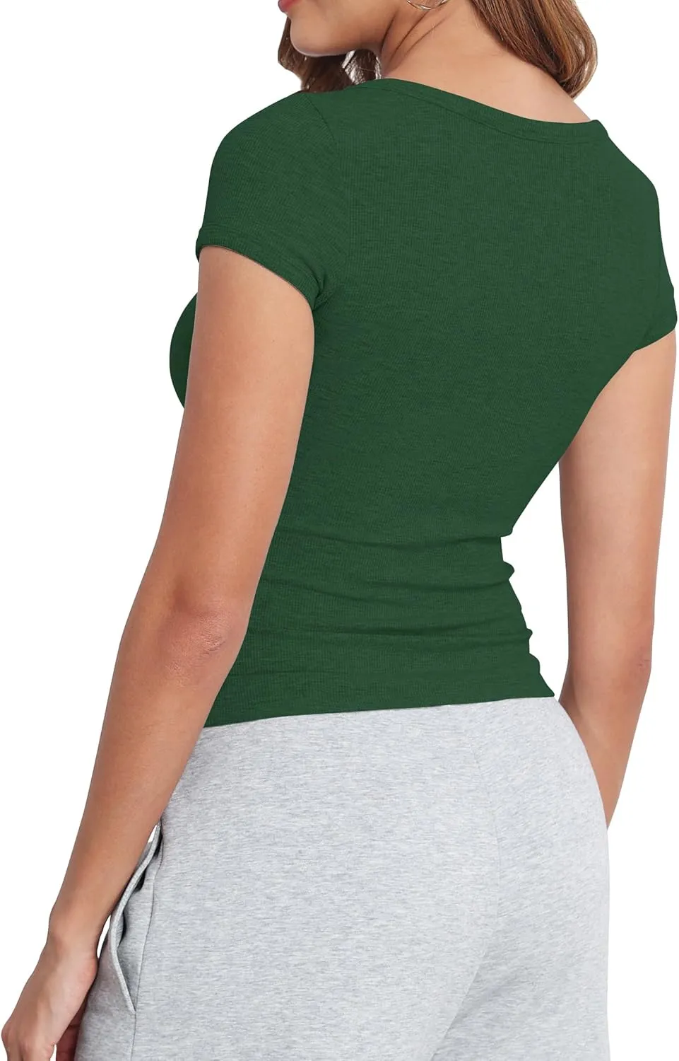 Artfish Women's Short Sleeve T-Shirts Form Fitting Ribbed Knit V Notch Scoop Neck Basic Crop Top