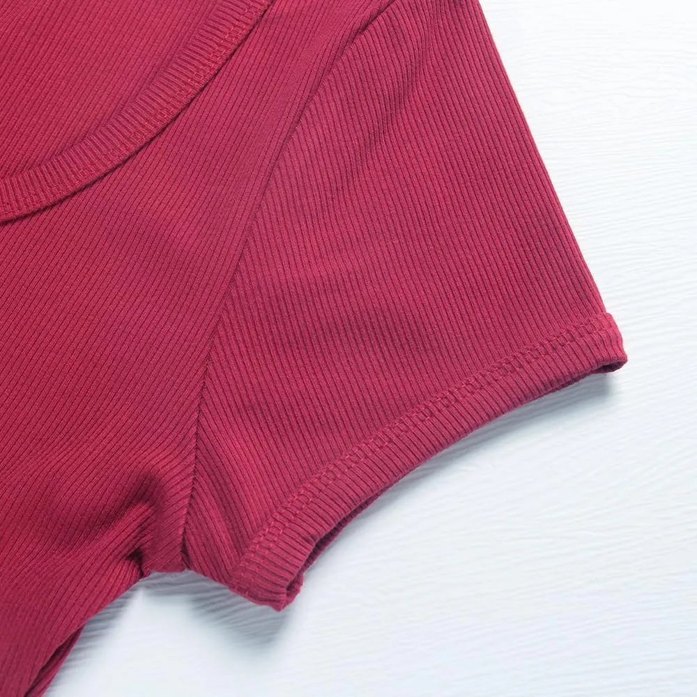 Artfish Women's Short Sleeve T-Shirts Form Fitting Ribbed Knit V Notch Scoop Neck Basic Crop Top