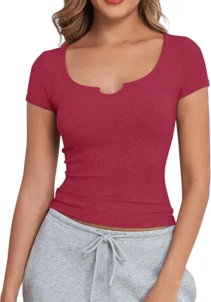 Artfish Women's Short Sleeve T-Shirts Form Fitting Ribbed Knit V Notch Scoop Neck Basic Crop Top