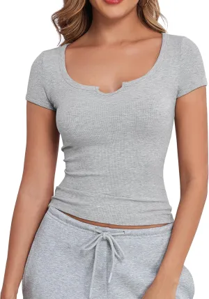 Artfish Women's Short Sleeve T-Shirts Form Fitting Ribbed Knit V Notch Scoop Neck Basic Crop Top